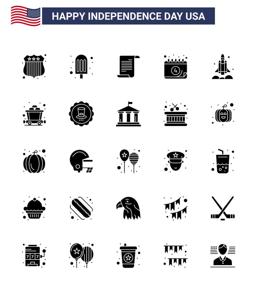 Set of 25 Vector Solid Glyph on 4th July USA Independence Day such as transport rocket american launcher date Editable USA Day Vector Design Elements