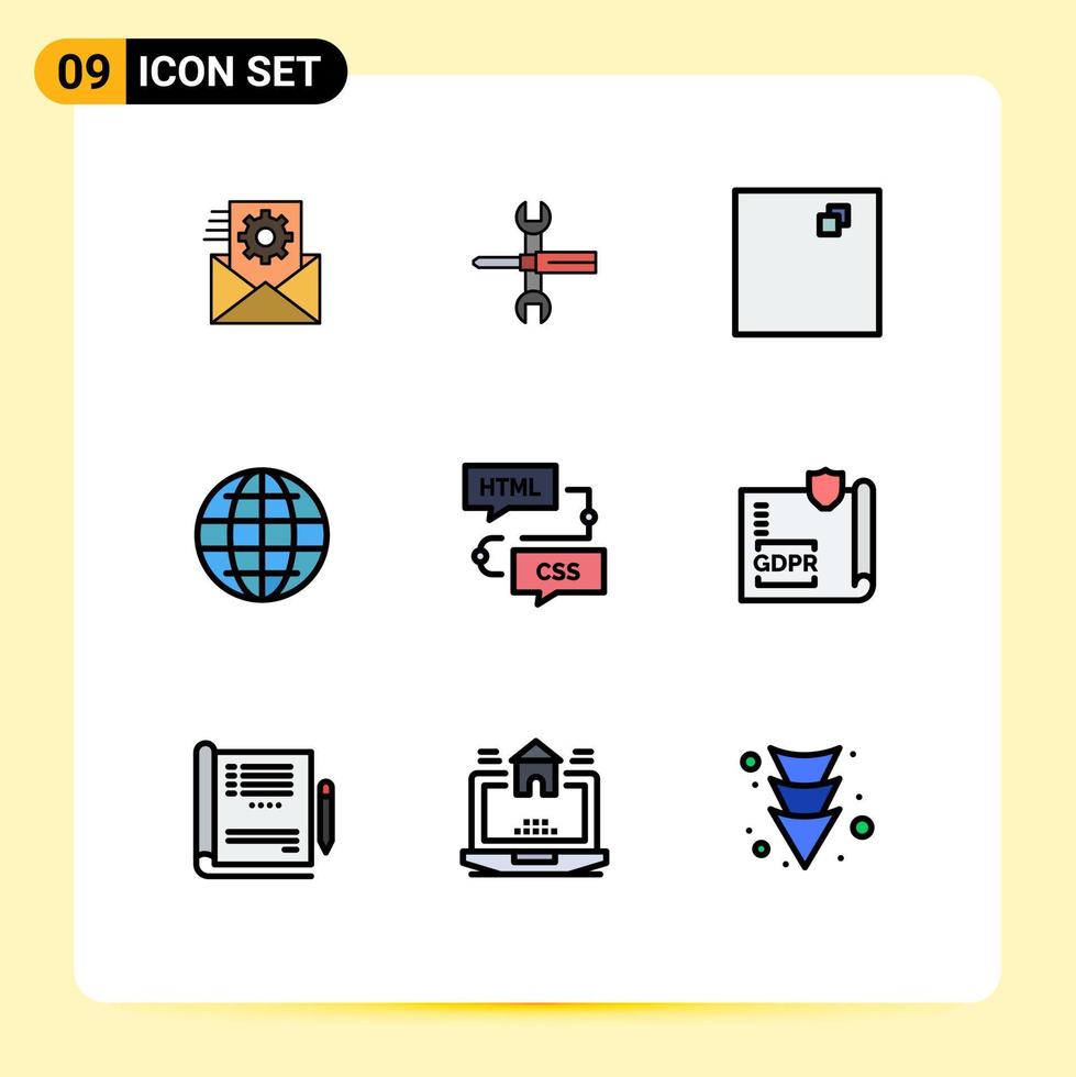 User Interface Pack of 9 Basic Filledline Flat Colors of develop security tools internet world Editable Vector Design Elements