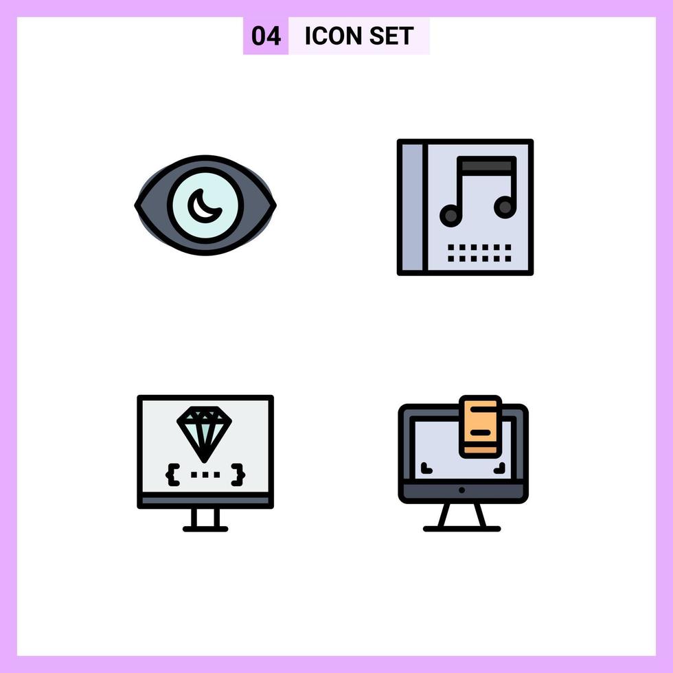 Pack of 4 Modern Filledline Flat Colors Signs and Symbols for Web Print Media such as eye develop view music programming Editable Vector Design Elements