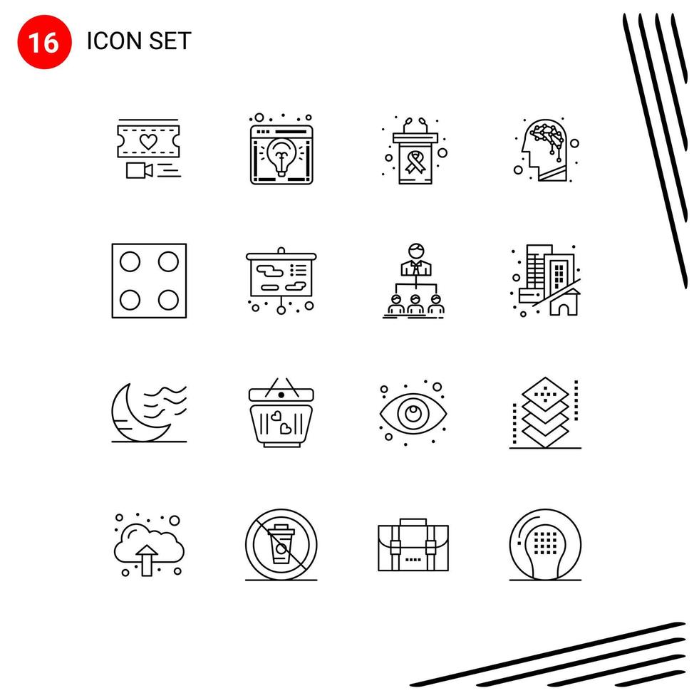 16 Universal Outlines Set for Web and Mobile Applications kitchen intelligence light bulb brain cancer day Editable Vector Design Elements