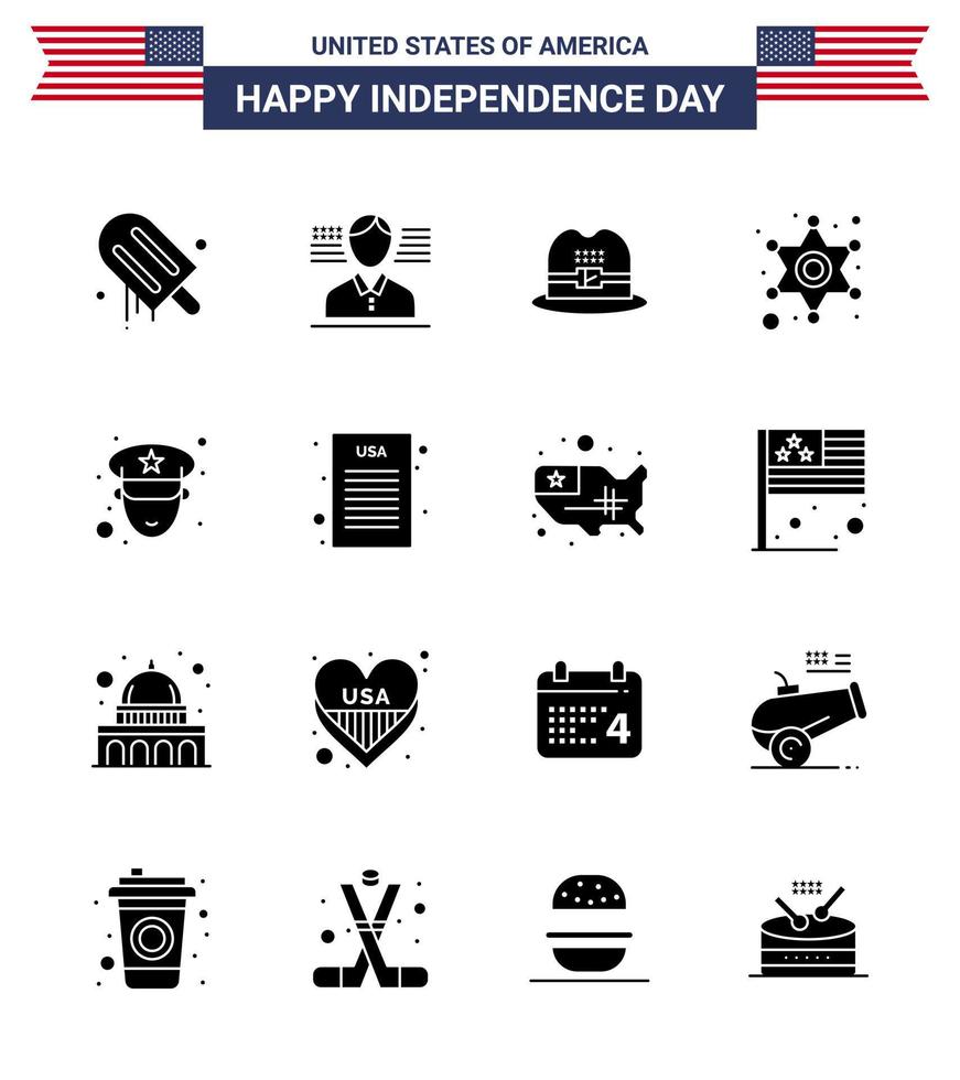 Happy Independence Day 16 Solid Glyphs Icon Pack for Web and Print declaration officer cap man star Editable USA Day Vector Design Elements