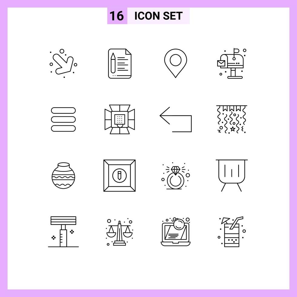 Pack of 16 Modern Outlines Signs and Symbols for Web Print Media such as illumination task marker list life Editable Vector Design Elements