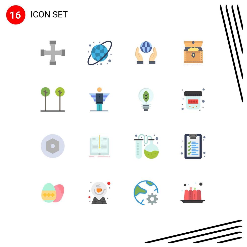 16 Universal Flat Color Signs Symbols of leaves treasure conservation reward chest Editable Pack of Creative Vector Design Elements