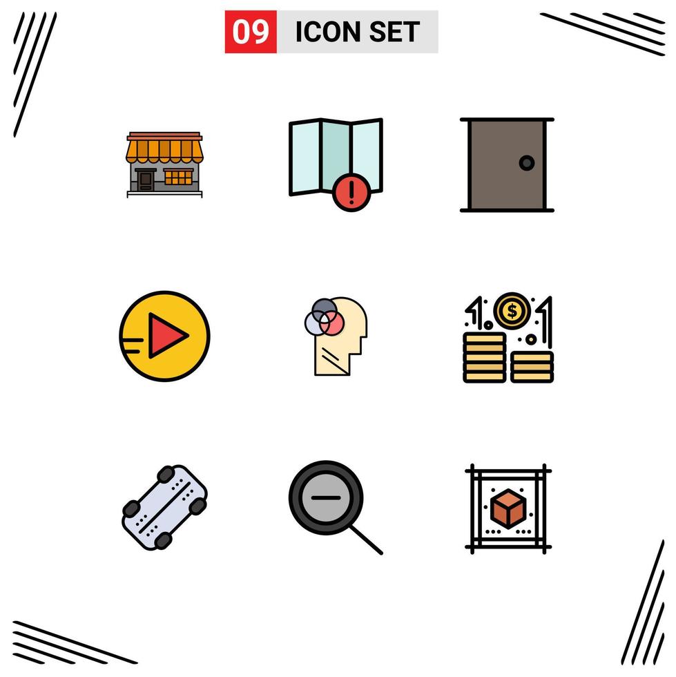 9 Universal Filledline Flat Color Signs Symbols of intelligent human intelligence buildings play home door Editable Vector Design Elements
