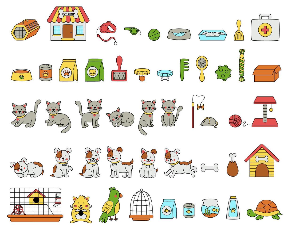Set of cute pets and pet accessories in cartoon style. vector