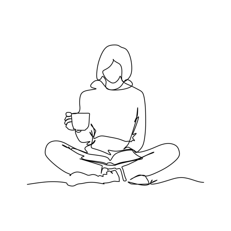 Hygge life style. One line drawing of a girl rinks a cup of coffee and reads a book. Drawing design Concept for Mood of coziness and comfortable conviviality with feeling of wellness and contentment. vector