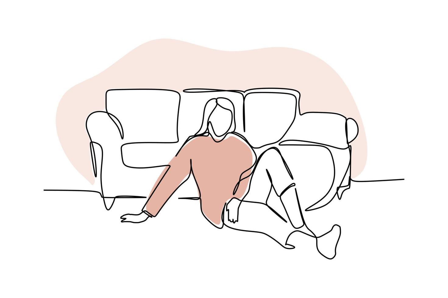 An adult female relax next to the couch. One continuous line drawing hand drawn design type for hygge concept vector