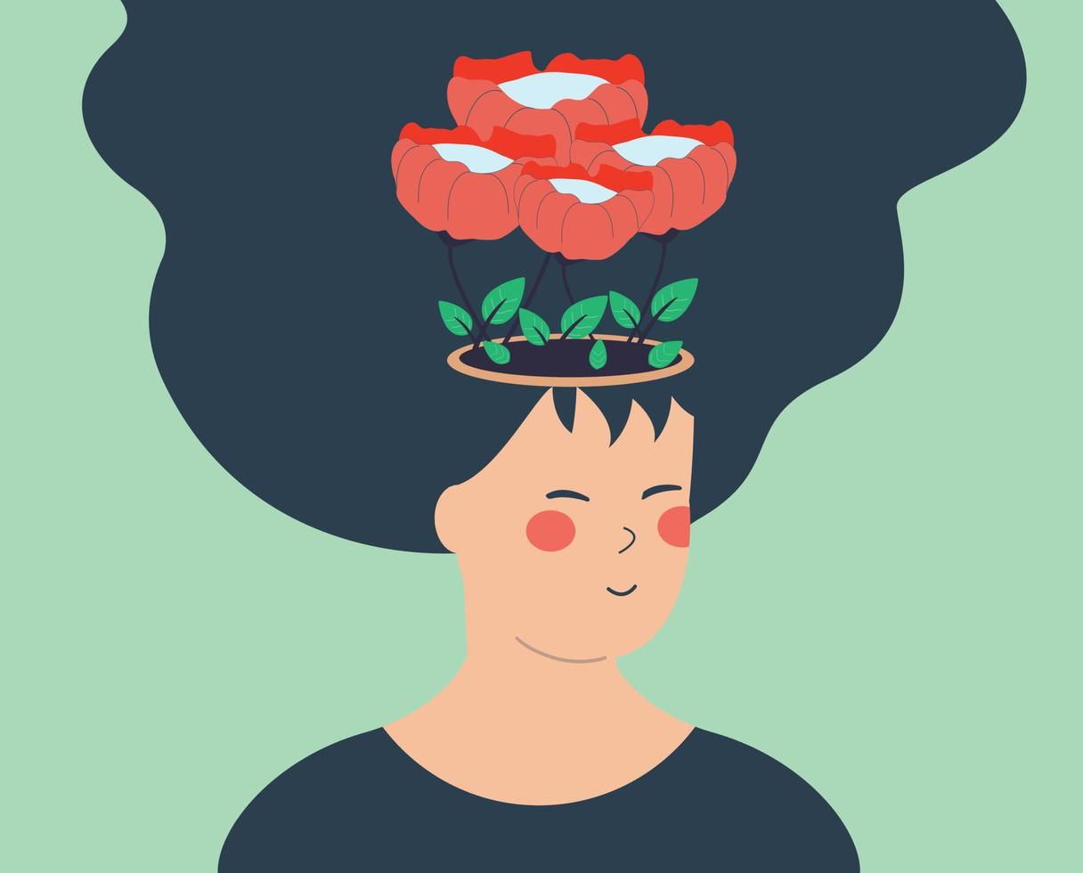 Illustration of positive thinking mindset. Young woman with flowers inside her head symbolizes happy thoughts and optimism. Mental health, self care, happiness, harmony creative abstract concept. vector