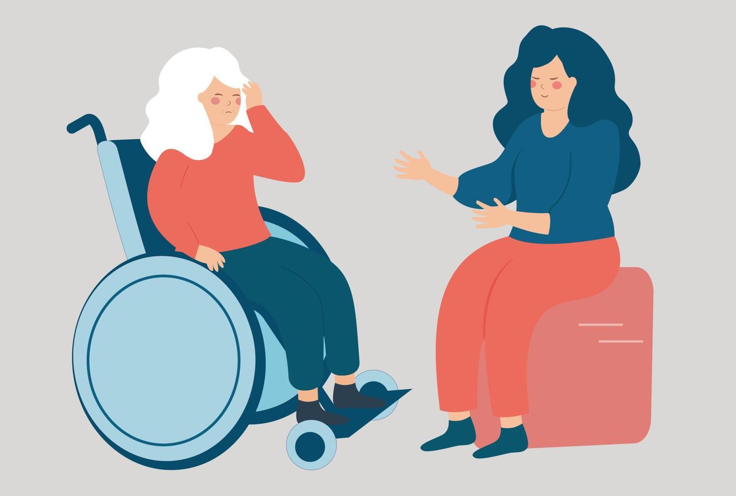 Senior woman with a disability uses a wheelchair and talking to a psychologist. Concept of Alzheimer disease and psychotherapy. Vector illustration