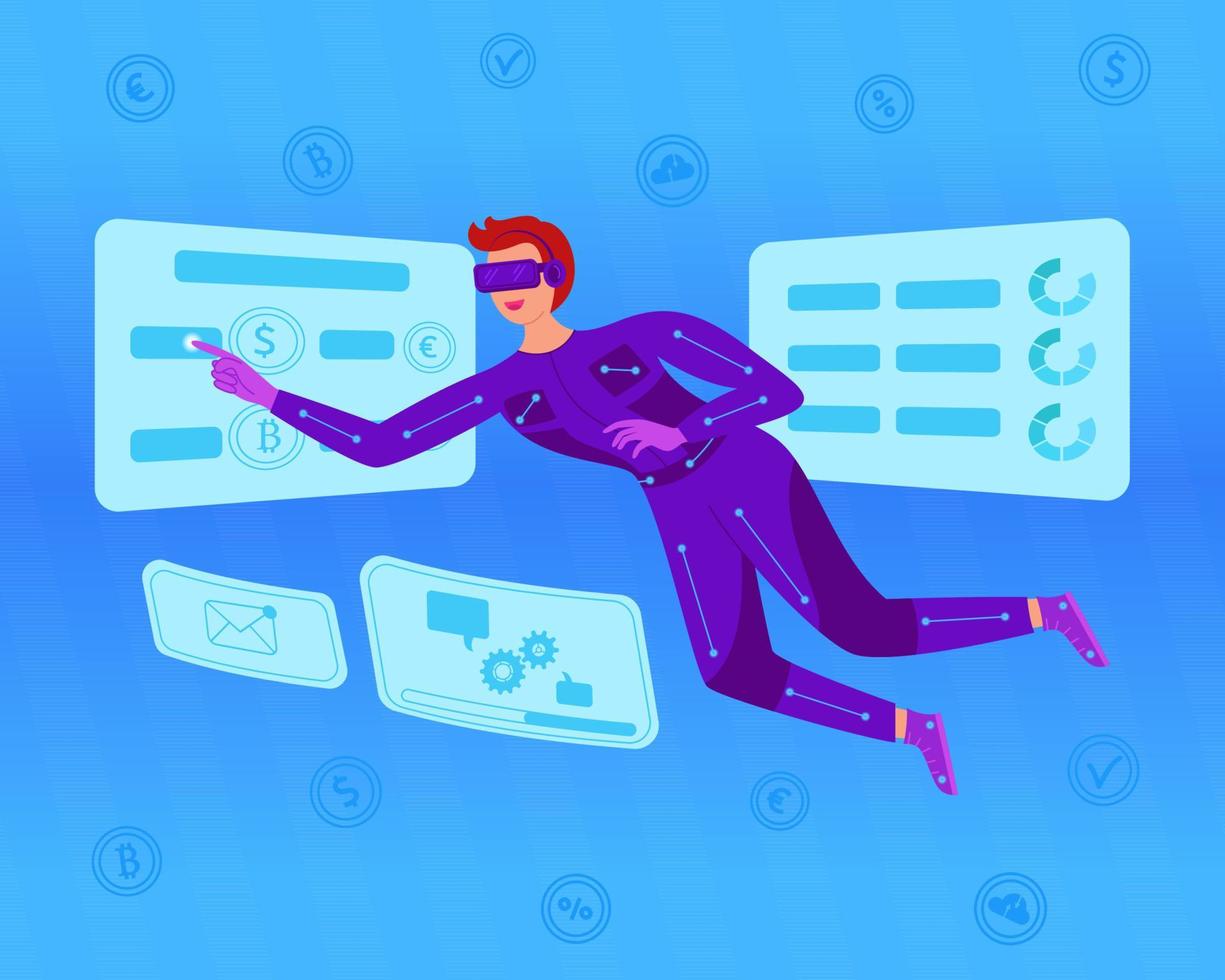Businessman in VR suit manages financial market trends on virtual screen in Metaverse. Finance and technology concept. Man with experience in network of cryptocurrencies and innovations, AR gaming vector