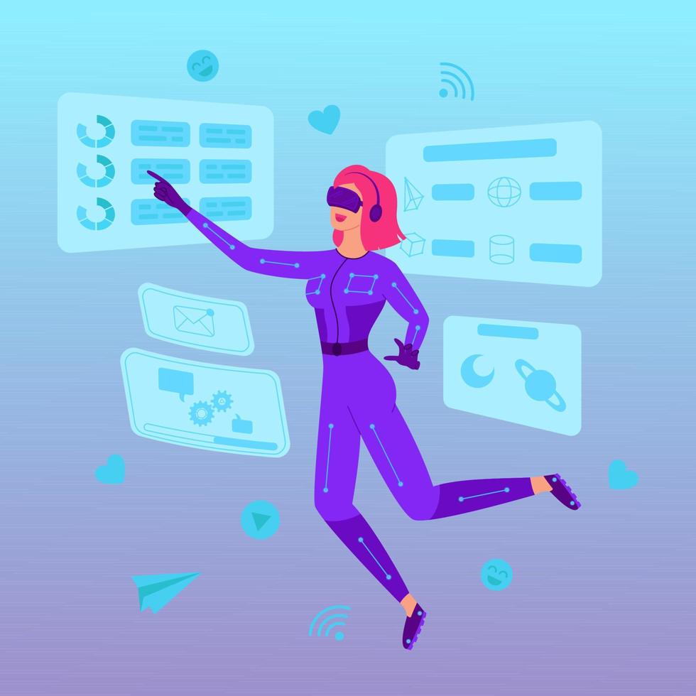 Young woman in VR glasses and VR suit manages business on virtual screens. The business of the future in the Metaverse. Innovation network experience, AR gaming. Futuristic lifestyle. Vector