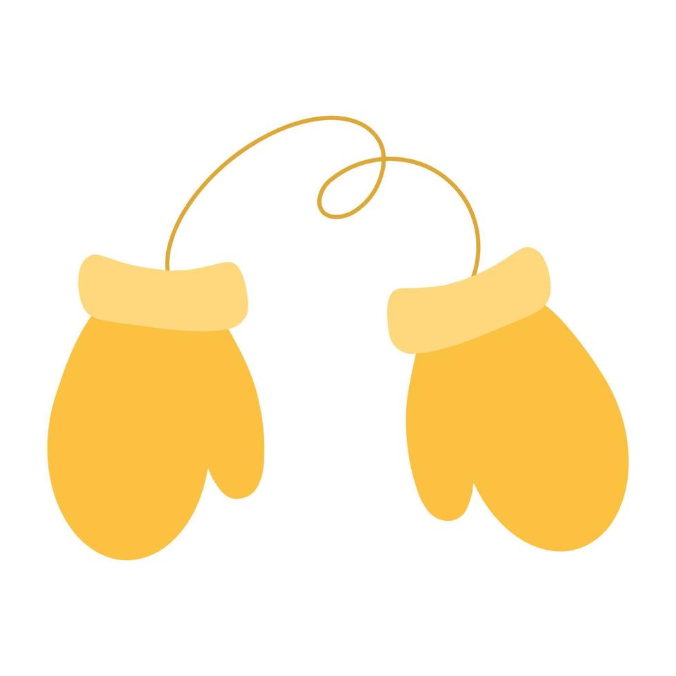 Yellow mittens on a string. Vector mittens. Warm baby mittens illustration.