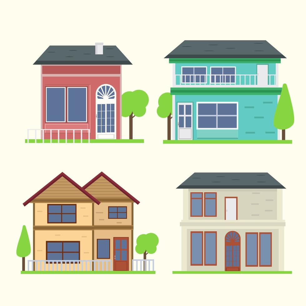 set Houses exterior vector illustration front view with roof Modern. Home face with doors and