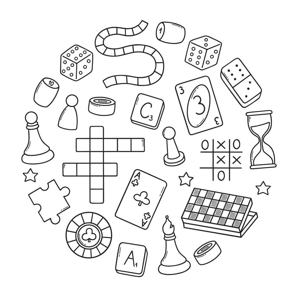 Board games doodle set. Checkers, chess, cards, backgammon in