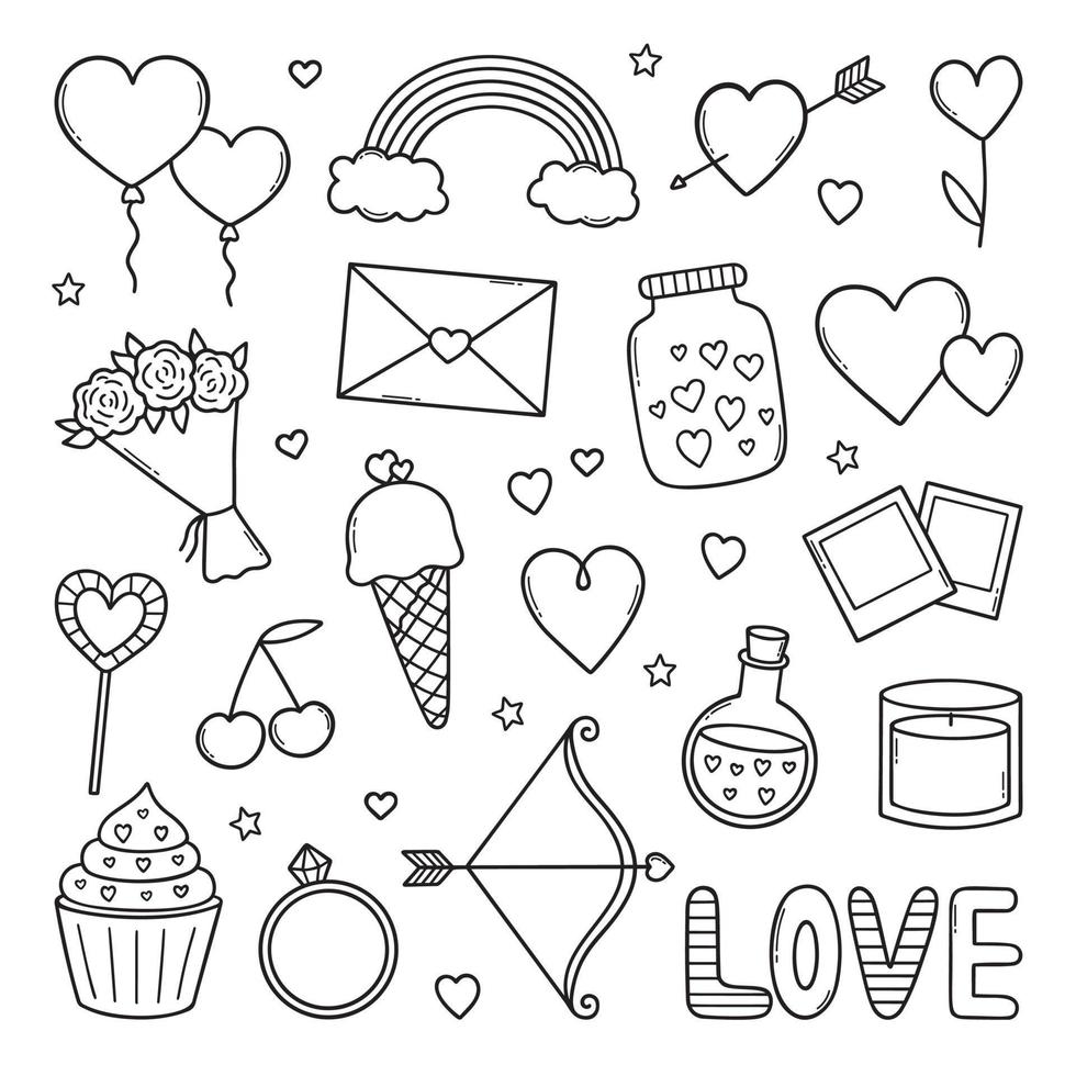 Valentine's Day doodle set. Love elements in sketch style. Hand drawn vector illustration isolated on white background