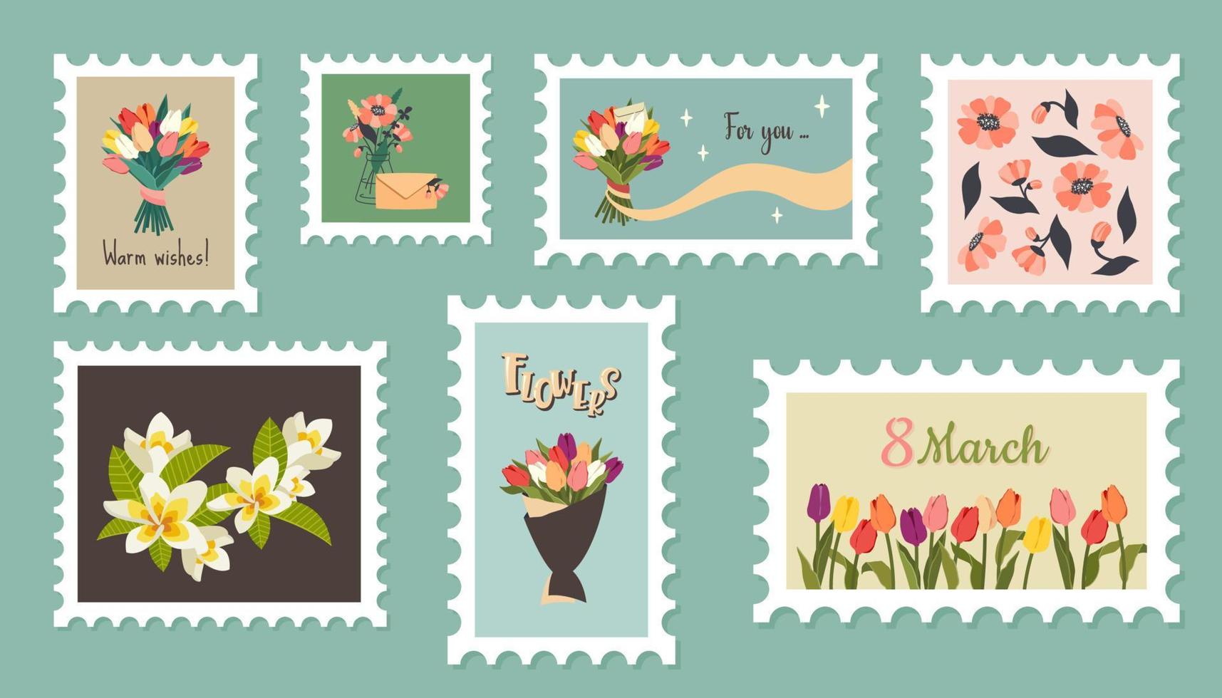 Set of floral postage stamps. Beautiful paper mail stickers with tulips, peonies, plumeria flowers, leaves, wildflowers. Concept of mail and mail. Spring holiday postmarks with greeting text. Vector
