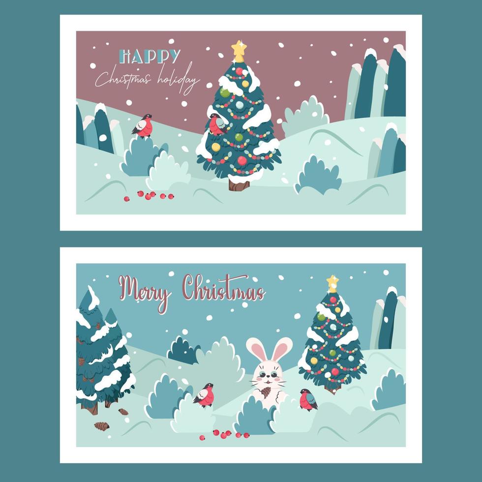 Merry Christmas greeting card. Set of cute cartoon winter holiday template. Little, happy rabbit with cute birds in snowy forest. Christmas tree decorated with lights. Vector flat illustration