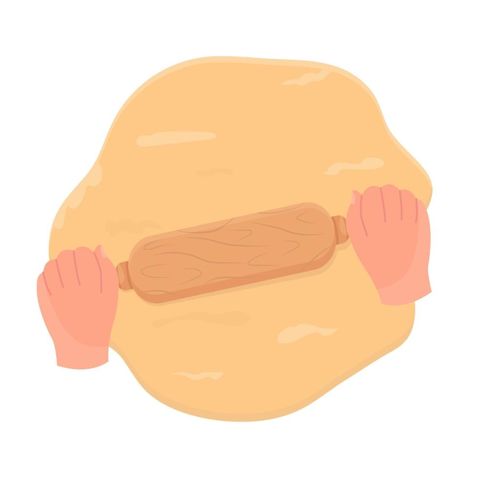 Rolling out the dough with a wooden rolling pin by hand. Vector illustration.