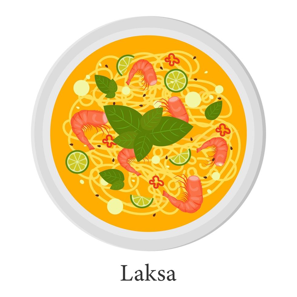 Laksa soup with noodles, shrimp, tomatoes, basil and lime. Traditional Asian cuisine. Vector illustration.