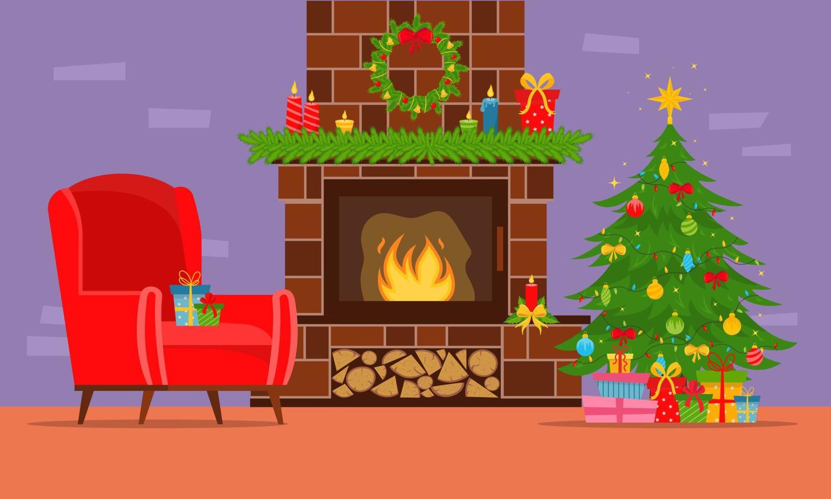 Brick fireplace with a Christmas tree, gifts and a wreath. Cozy interior with fireplace and armchair. Vector illustration.