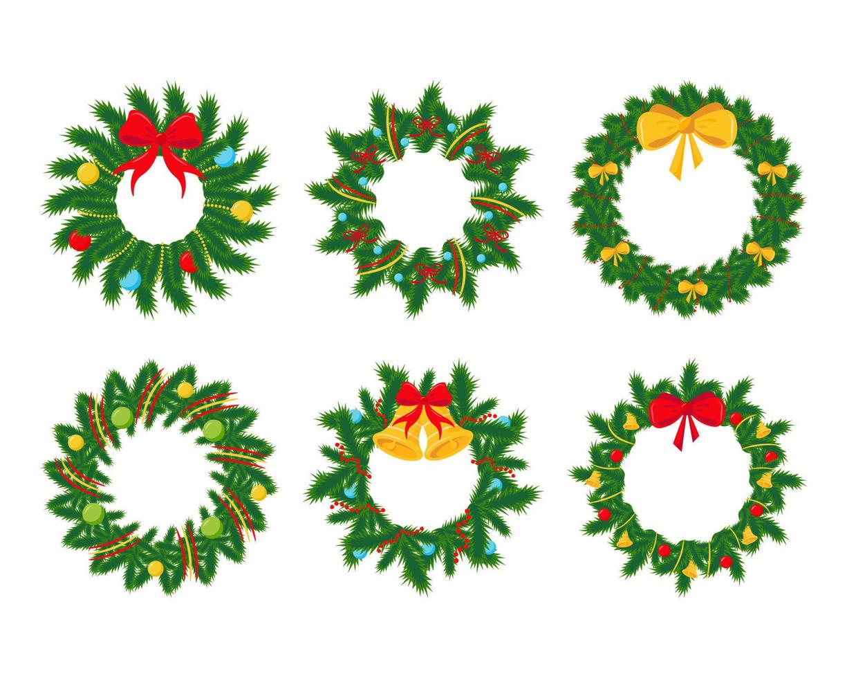 Set of Christmas wreaths with ribbons, balls and a bow. Vector illustration.