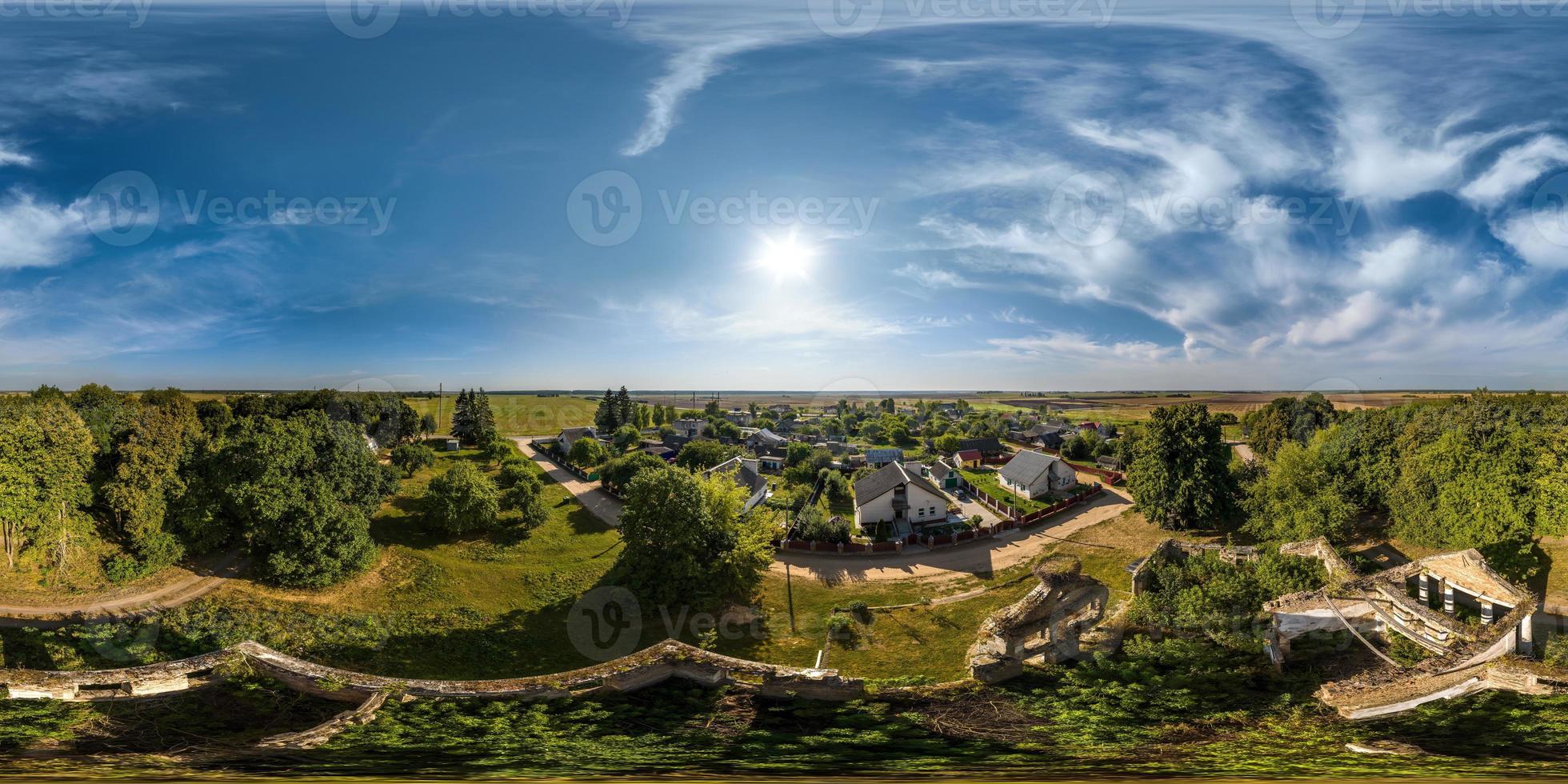 full seamless spherical hdri 360 panorama aerial view over abandoned ruined palace without roof in equirectangular projection, VR AR virtual reality content. photo