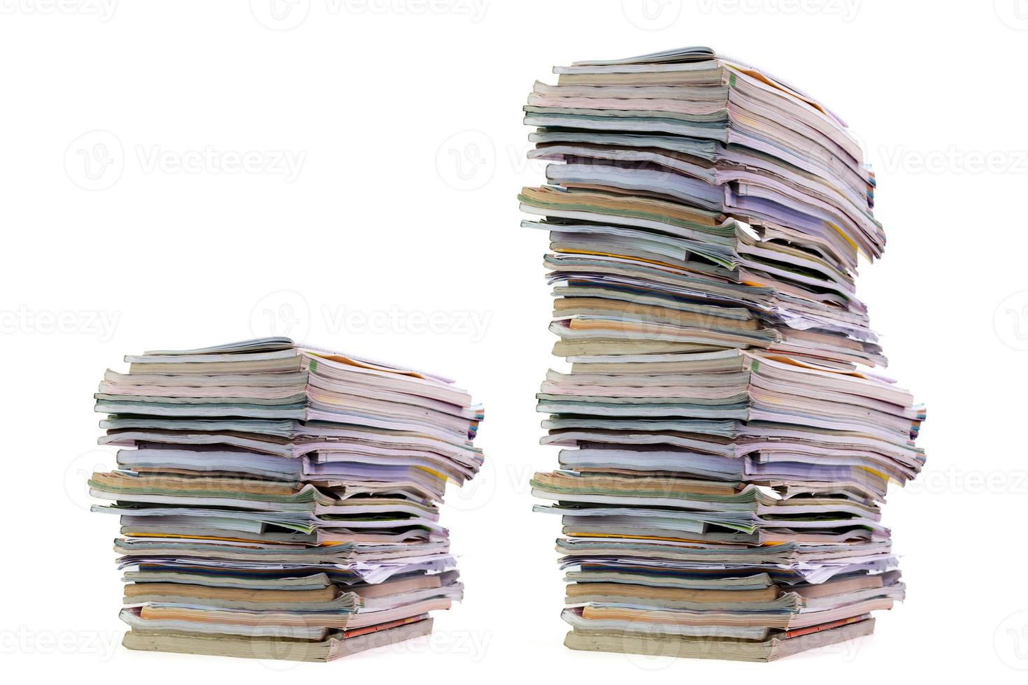 Stacks of books, paper, school documents, university, library, study or office, and old books for recycling. isolated on white background photo