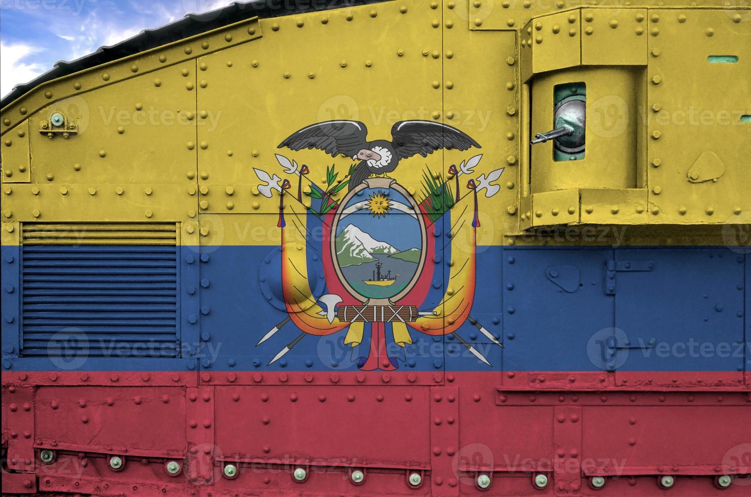 Ecuador flag depicted on side part of military armored tank closeup. Army forces conceptual background photo