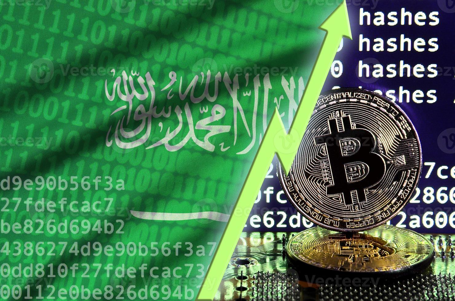 Saudi Arabia flag and rising green arrow on bitcoin mining screen and two physical golden bitcoins photo
