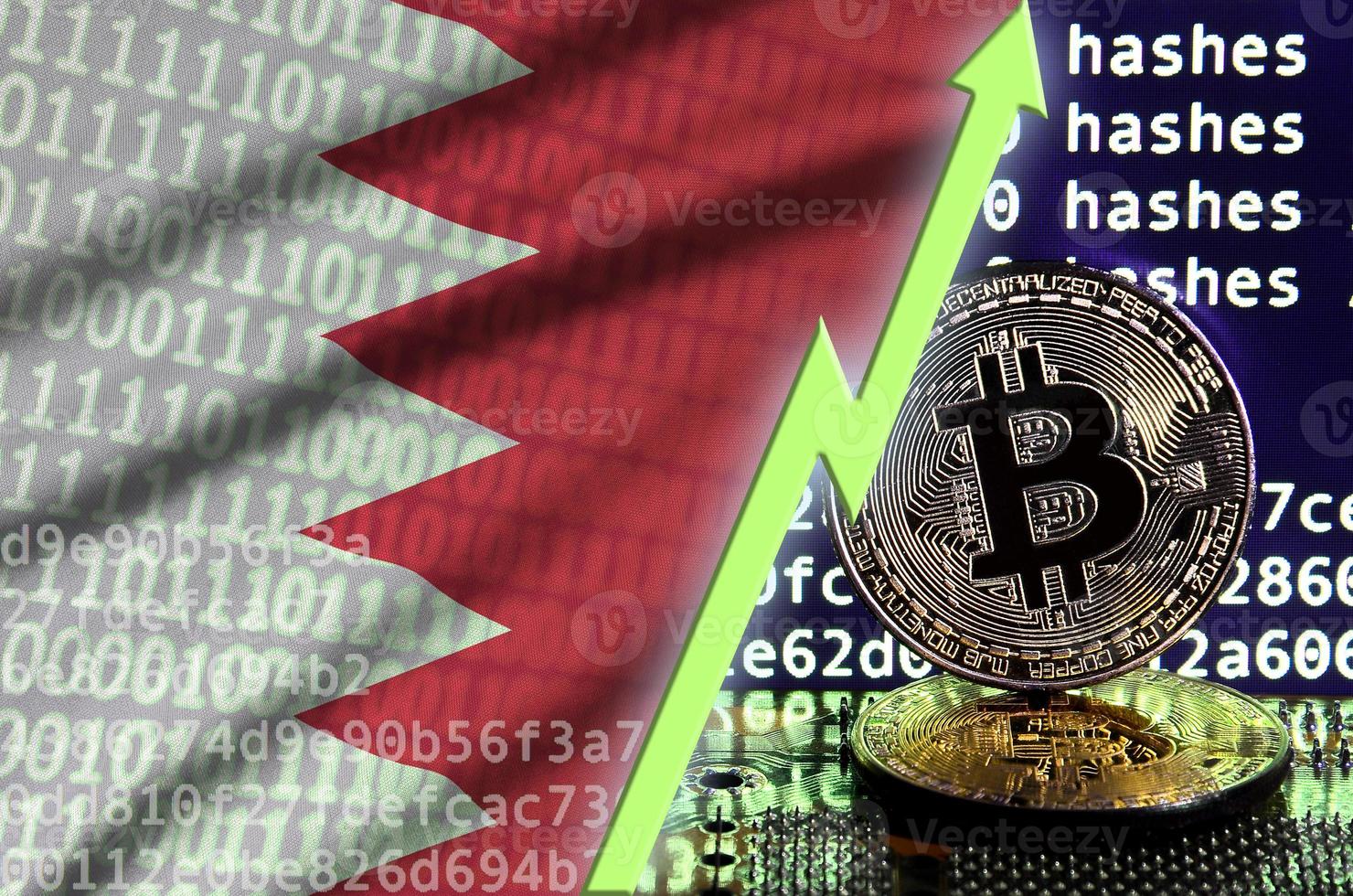 Bahrain flag and rising green arrow on bitcoin mining screen and two physical golden bitcoins photo