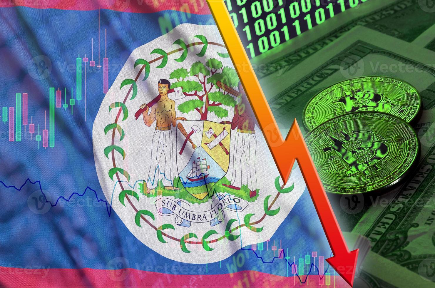 Belize flag and cryptocurrency falling trend with two bitcoins on dollar bills and binary code display photo