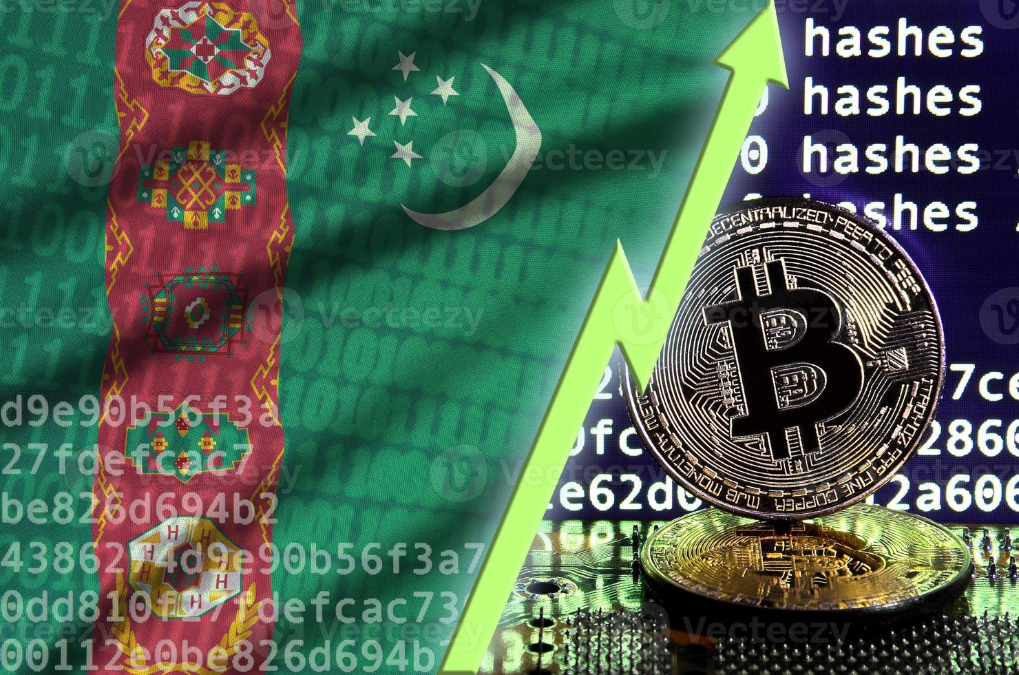Turkmenistan flag and rising green arrow on bitcoin mining screen and two physical golden bitcoins photo