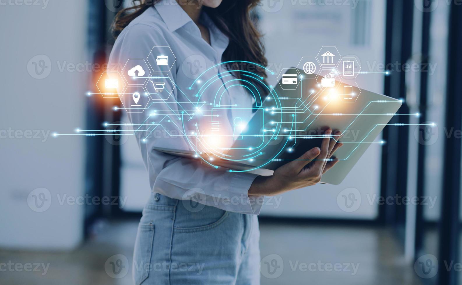 Cybersecurity and privacy concepts to protect data. Lock icon and internet network security technology. Businessman protecting personal data on smart phone with virtual screen interfaces. photo