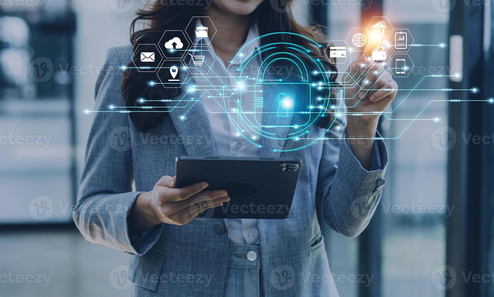 Cybersecurity and privacy concepts to protect data. Lock icon and internet network security technology. Businessman protecting personal data on smart phone with virtual screen interfaces. photo