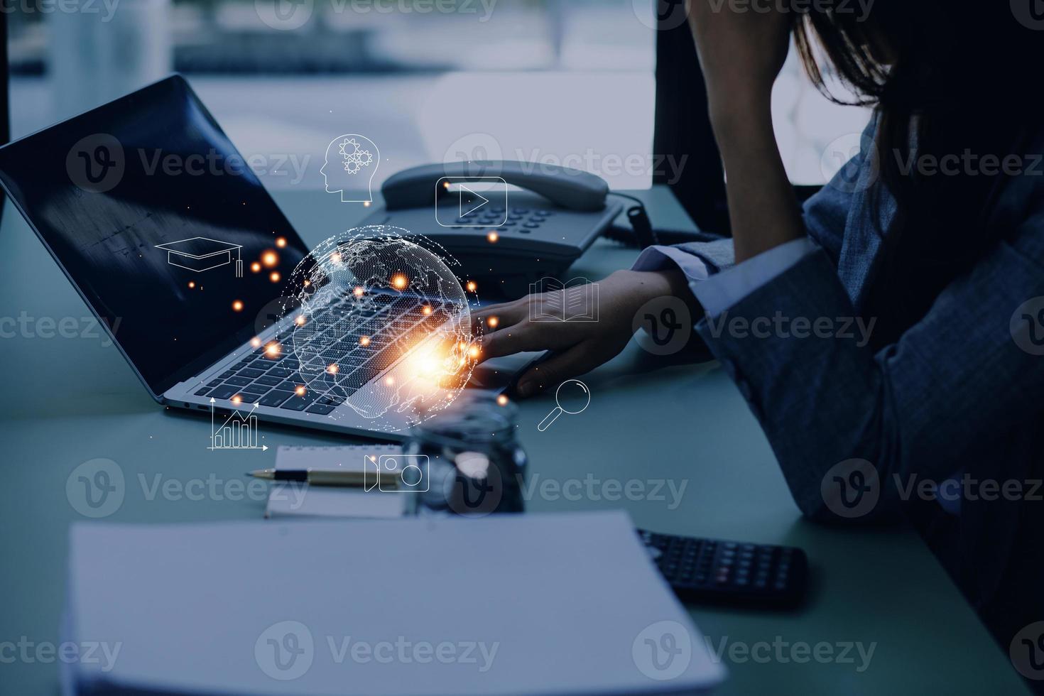 man wearing VR glasses and accessing the Technology Internet, multimedia, Storage Network connection Concept And a large database big data Through internet technology. E-learning, online study. photo