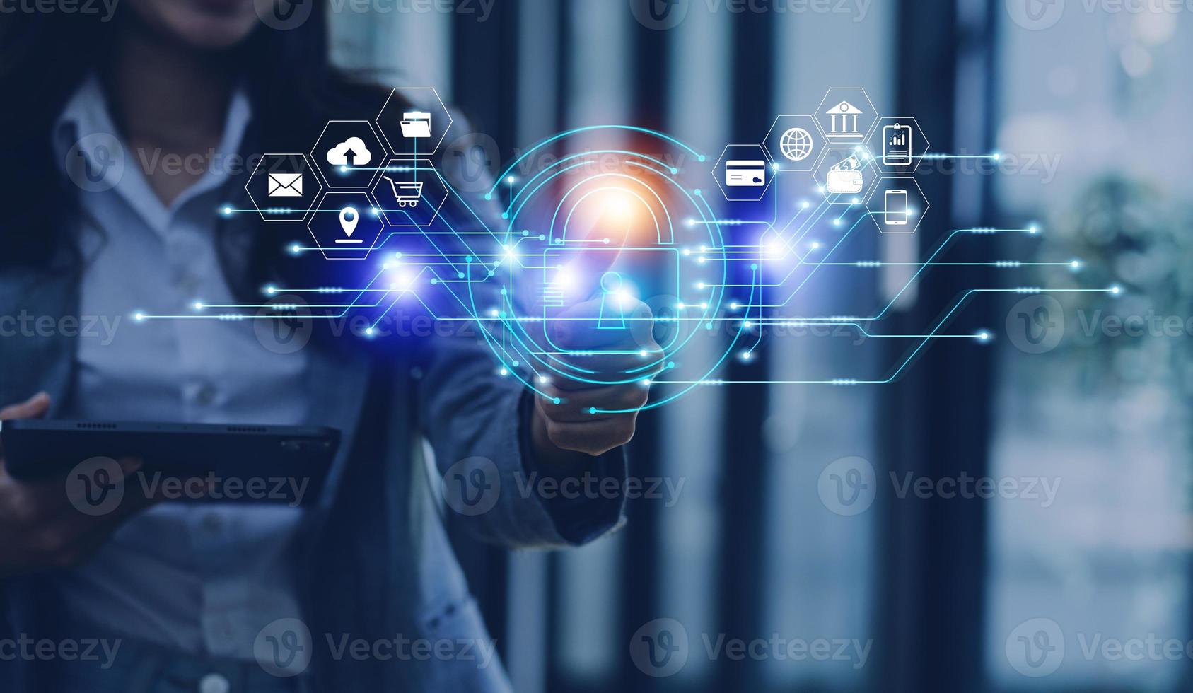 Cybersecurity and privacy concepts to protect data. Lock icon and internet network security technology. Businessman protecting personal data on smart phone with virtual screen interfaces. photo