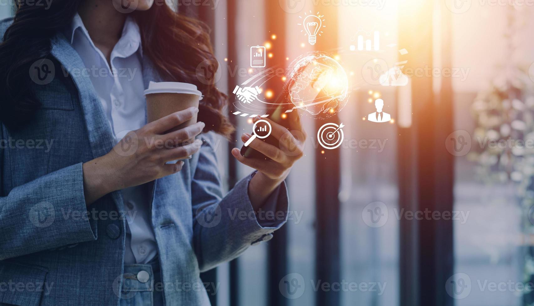woman Hand holding virtual Global Internet connection metaverse. Business global internet connection application technology and digital marketing, Financial and banking, Digital link tech, big data. photo
