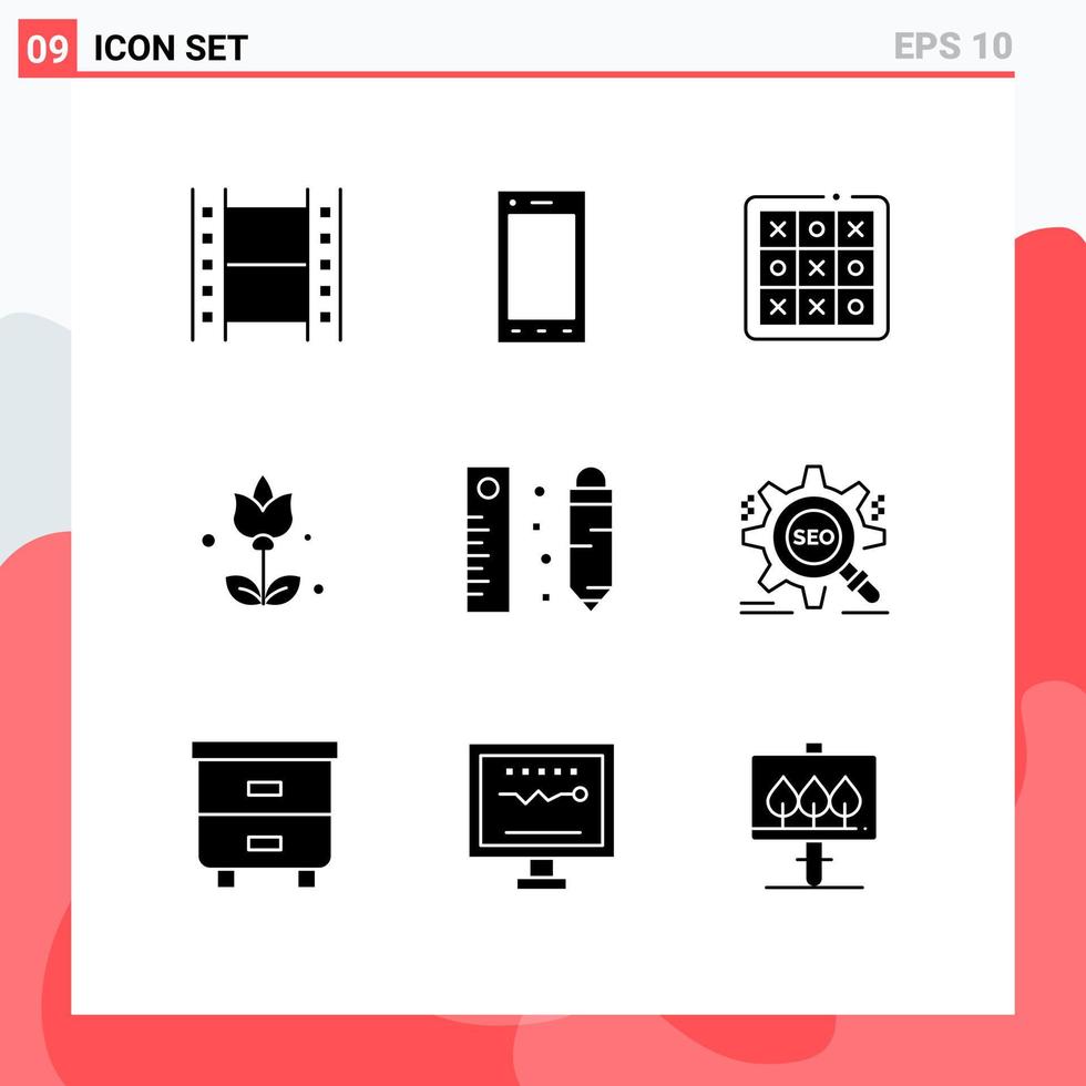 Mobile Interface Solid Glyph Set of 9 Pictograms of measuring present tac flowers game Editable Vector Design Elements