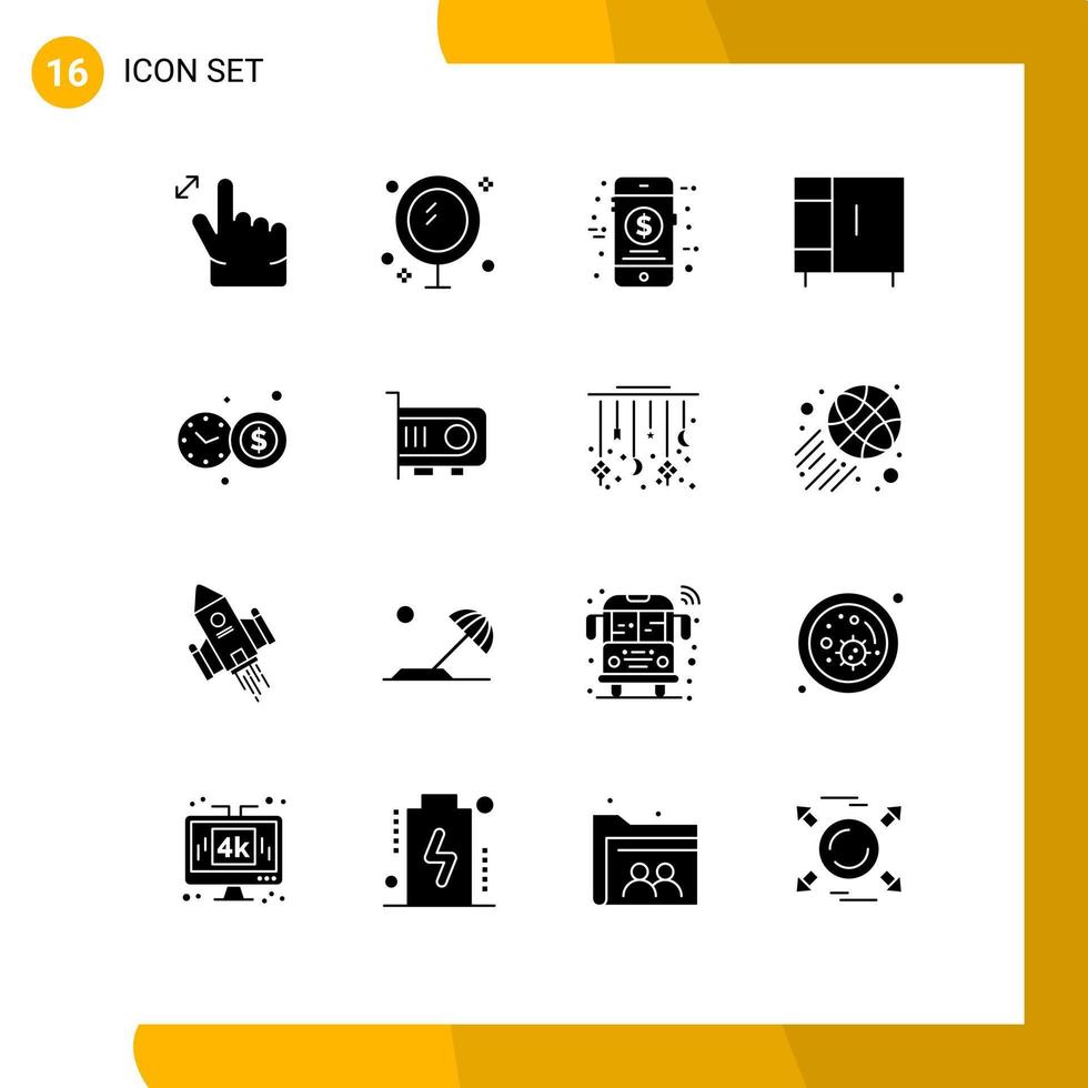 16 User Interface Solid Glyph Pack of modern Signs and Symbols of investment time wardrobe ecommerce home appliances furniture Editable Vector Design Elements