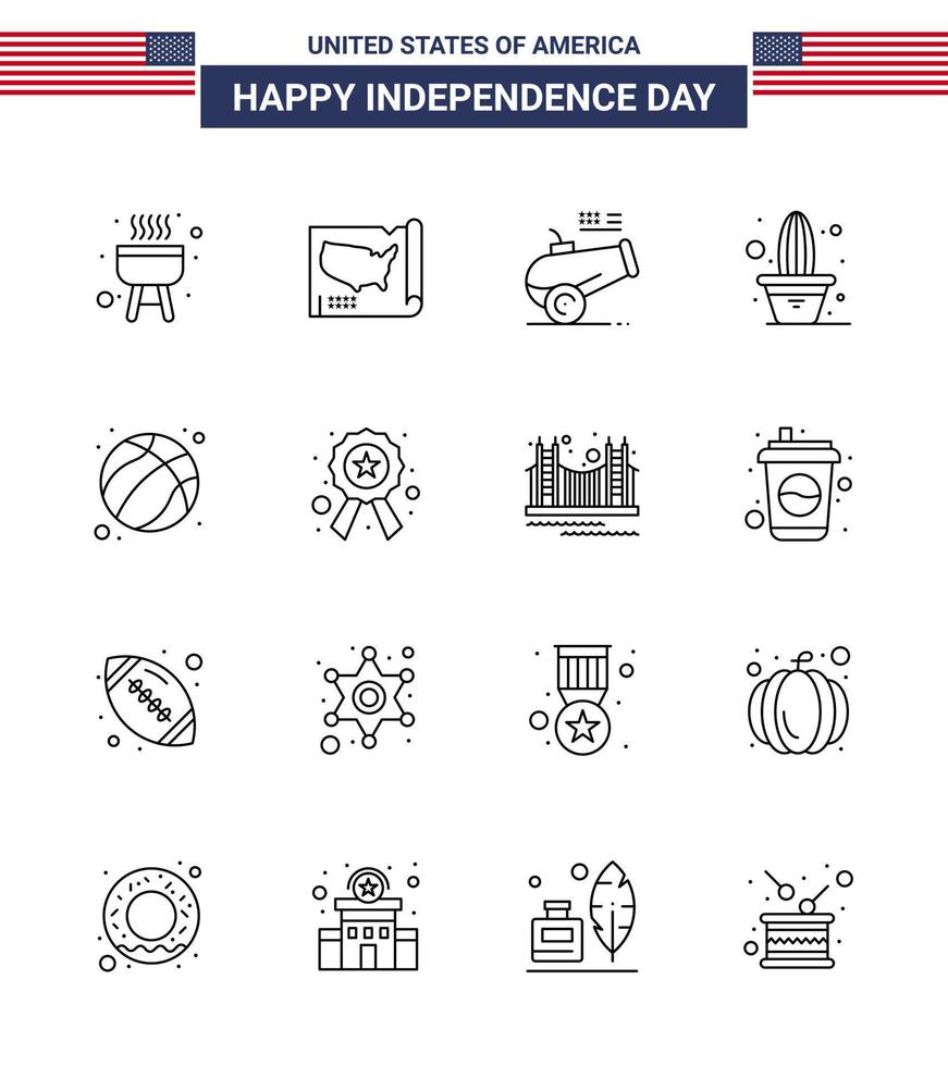 paquete de 16 líneas de celebración del día de la independencia de EE. UU. Signos y símbolos del 4 de julio, como el fútbol americano cannon pot flower elementos de diseño vectorial editables del día de EE. UU. vector