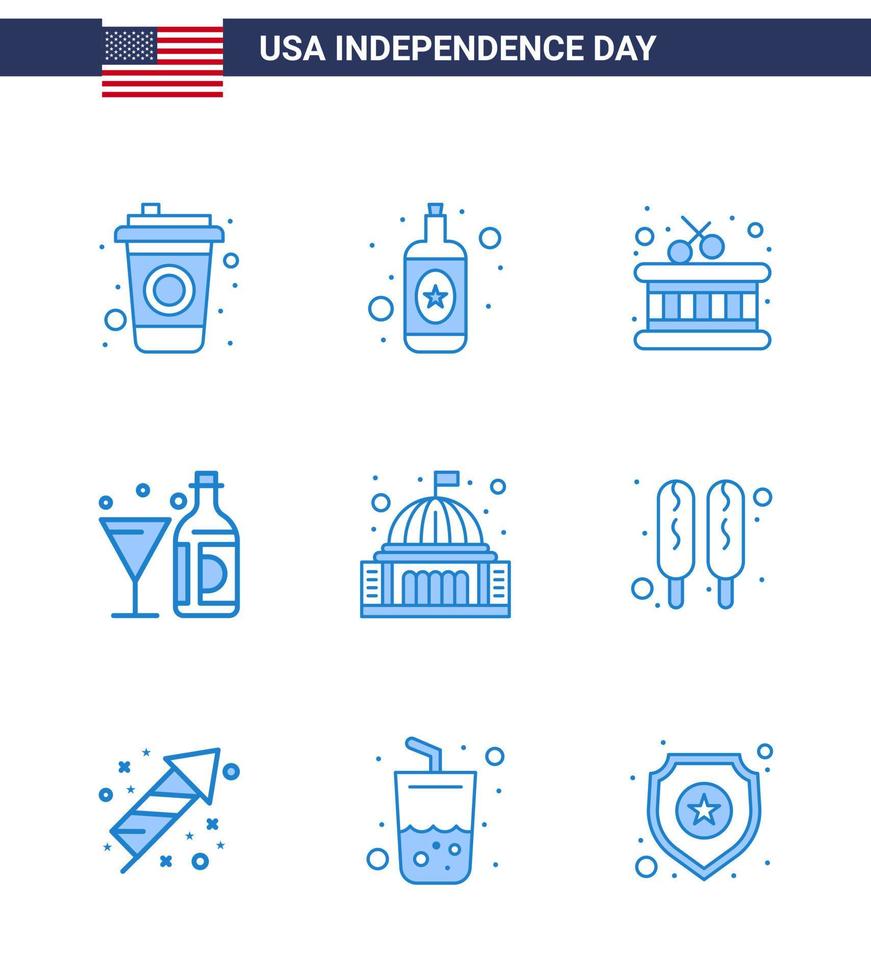 USA Independence Day Blue Set of 9 USA Pictograms of landmark building sticks place bottle Editable USA Day Vector Design Elements