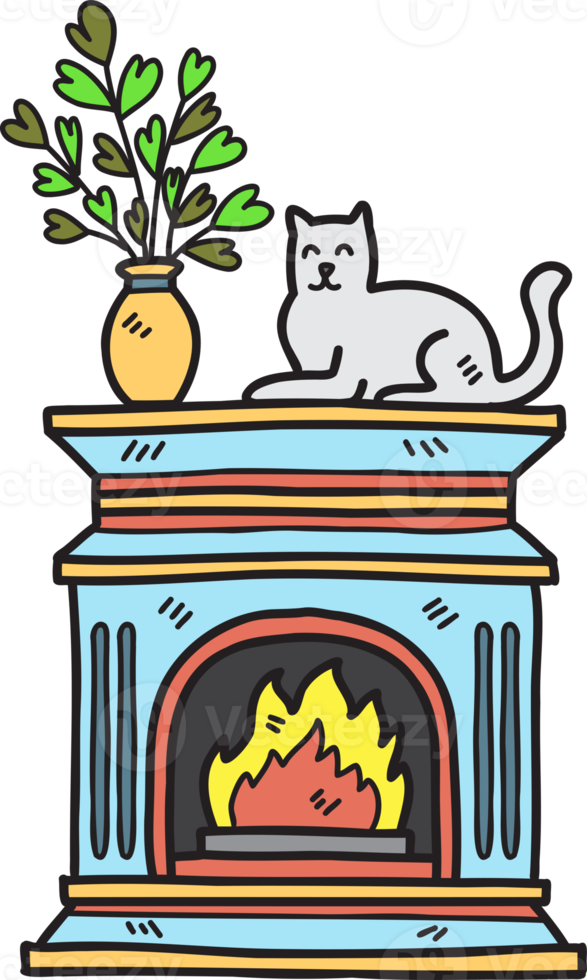 Hand Drawn Vintage fireplace with cats and plant pots illustration png