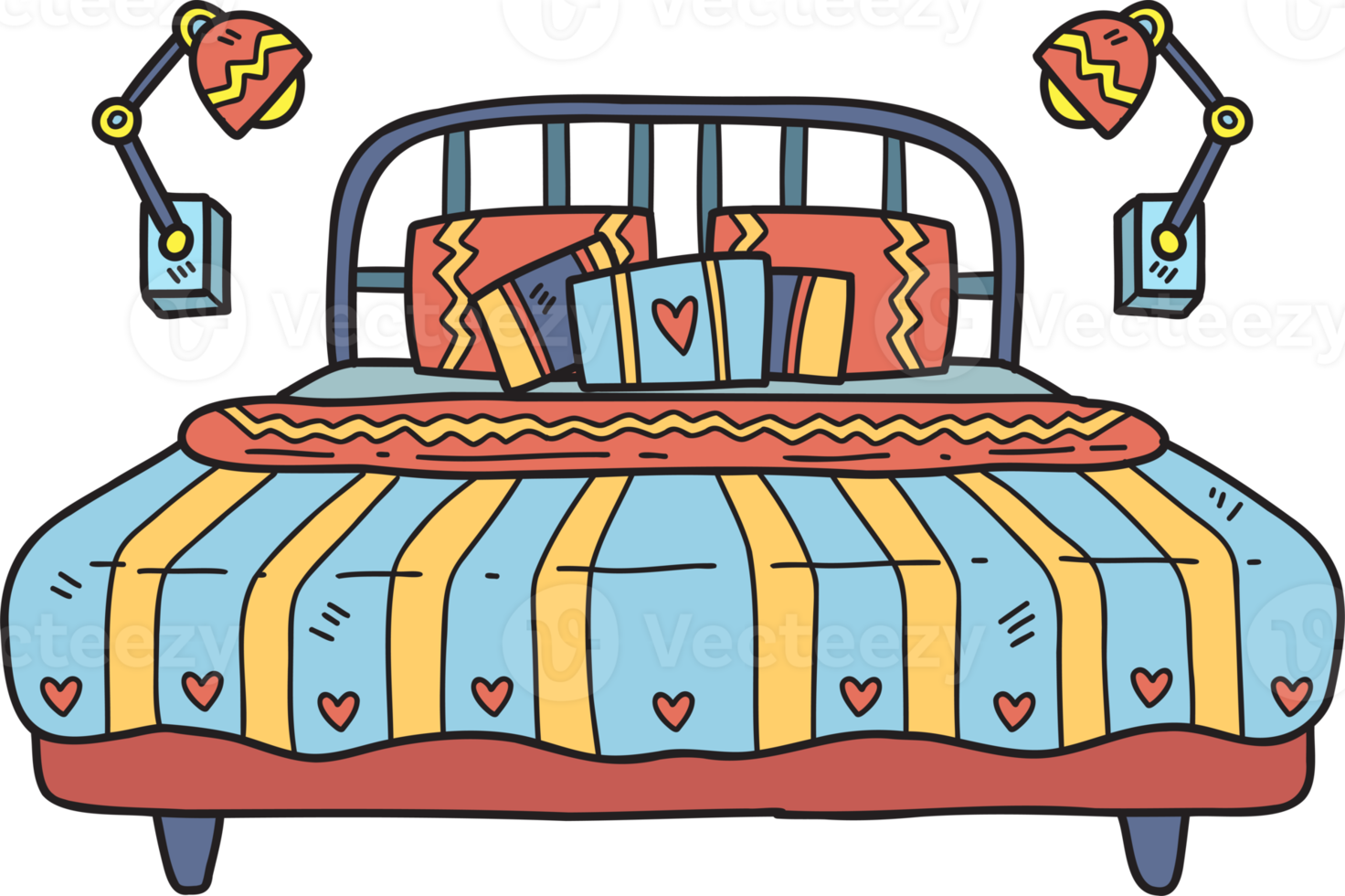 Hand Drawn bed and lamp interior room illustration png