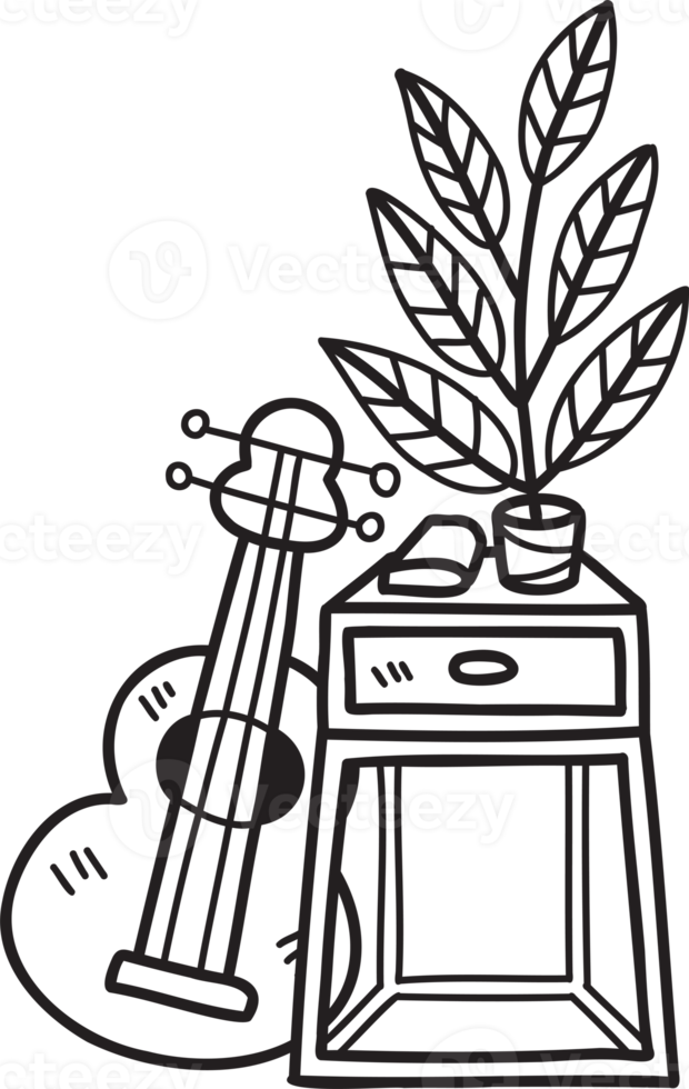 guitarra acústica desenhada à mão e ilustração de vaso de planta png