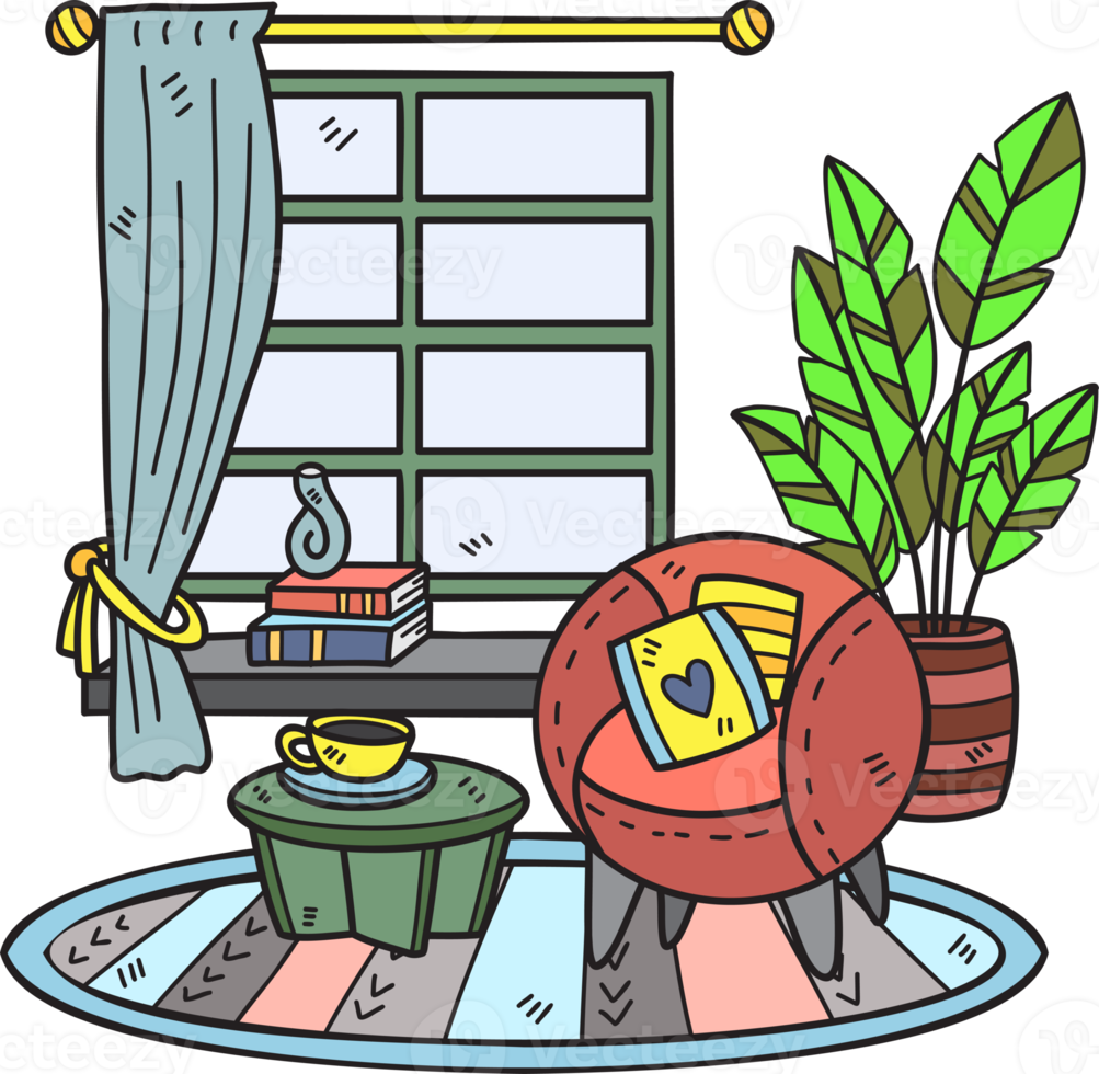 Hand Drawn armchair with plants and window interior room illustration png