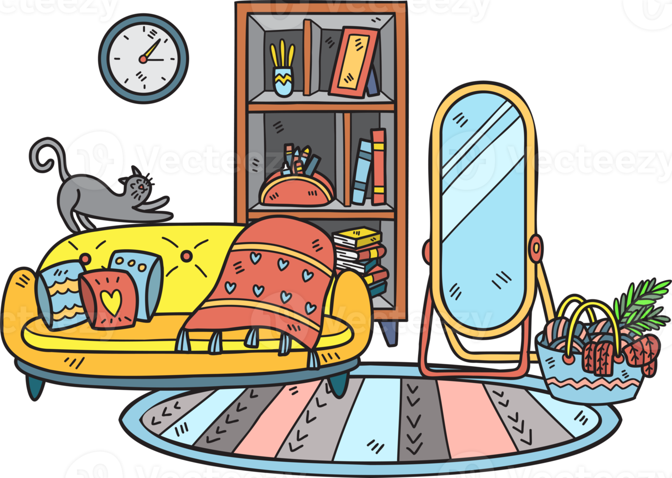 hand gezeichnete couch mit spiegeln und regalen innenraumillustration png