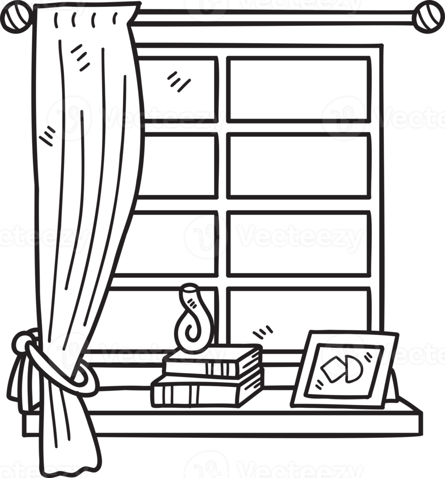Hand Drawn Window with curtains and picture frames illustration png