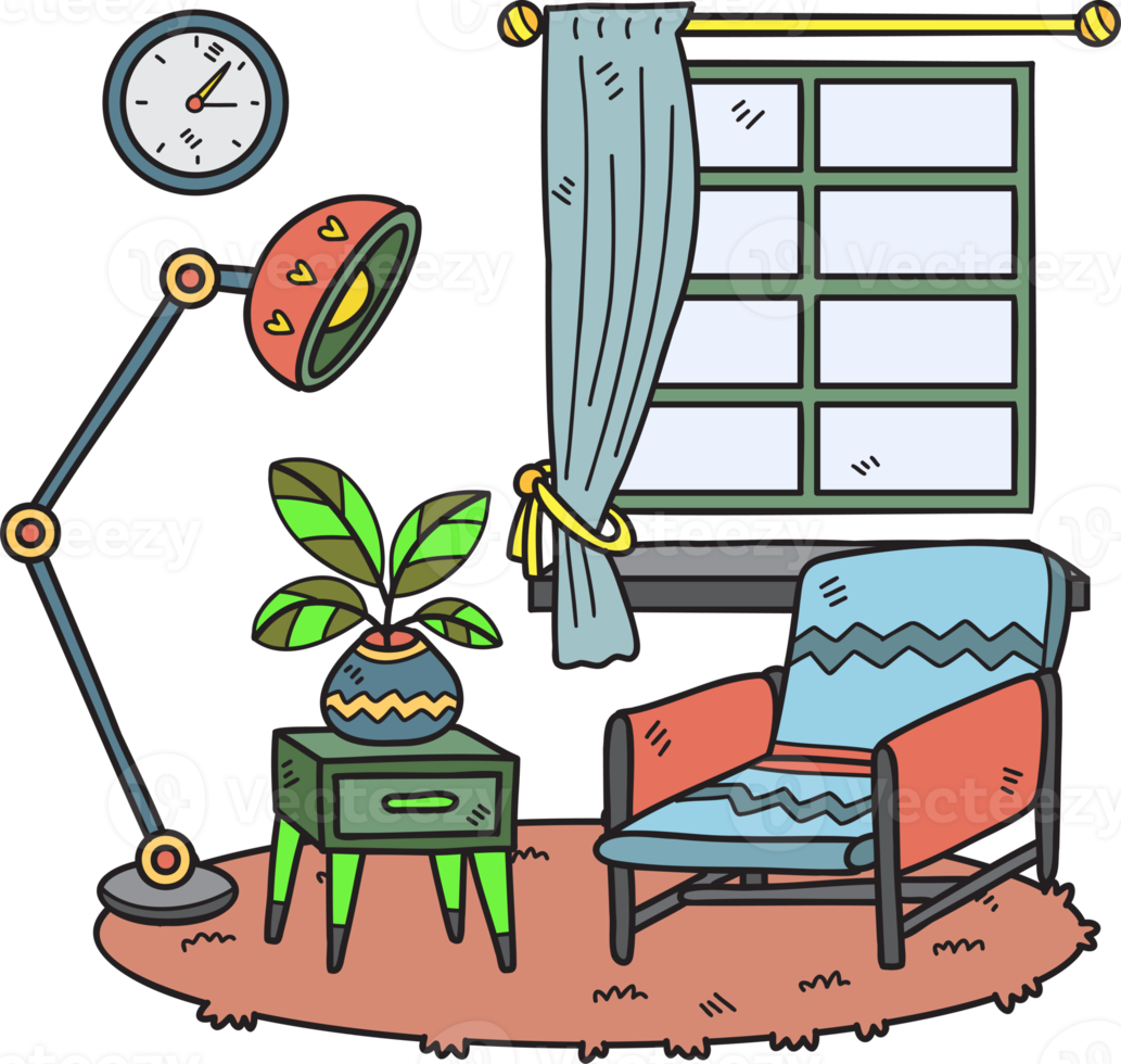 poltrona desenhada à mão com plantas e lâmpada na ilustração do quarto interior do tapete png