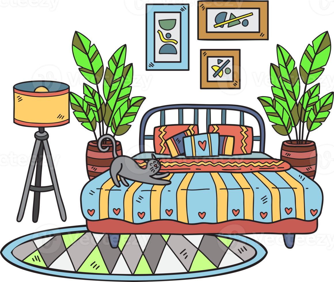 Hand Drawn bed with lamp and plants interior room illustration png