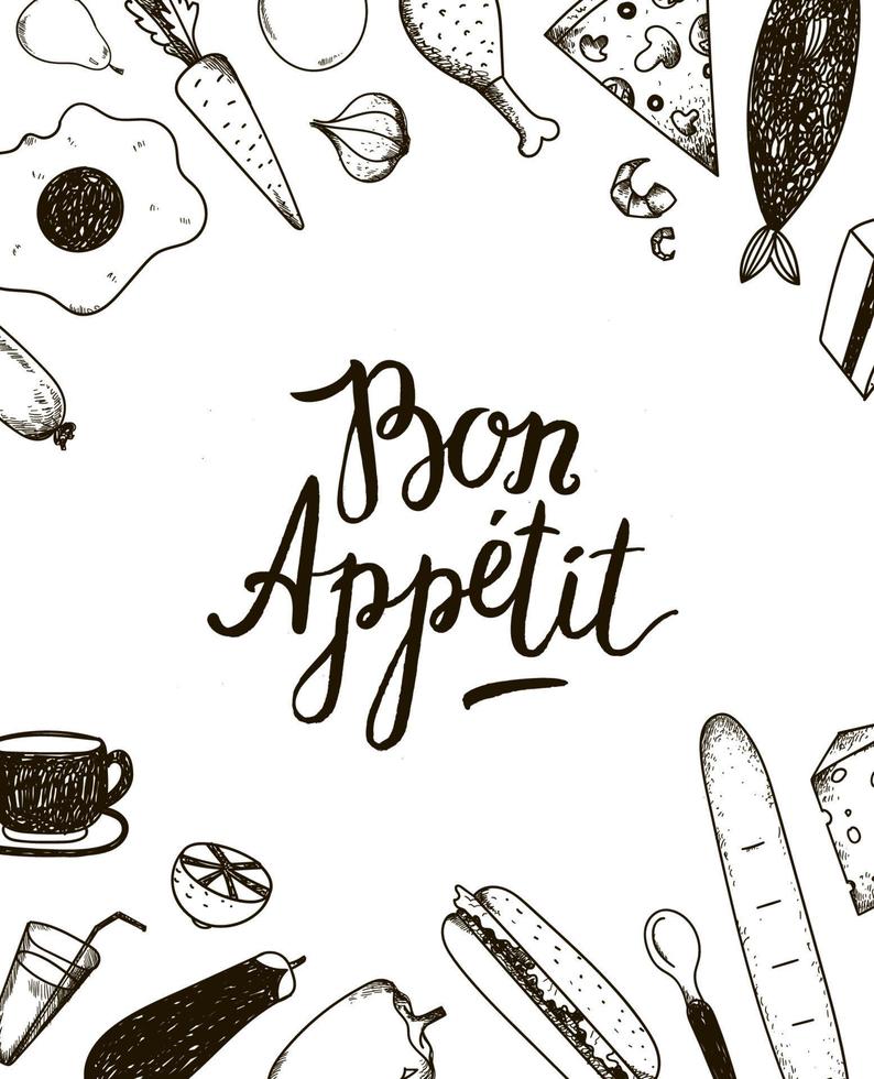 Vector Bon Appetit graphic poster with food illustrations. Black and white.